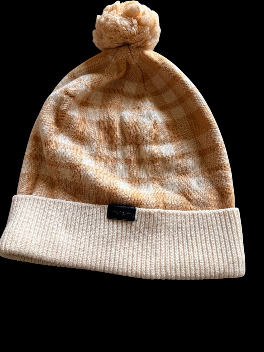 Coach Plaid Pom Beanie in Tan and Cream